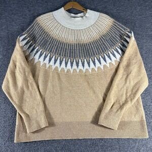 LOFT Camel Fair Isle Sweater Mock Neck Preppy Minimalist Quiet Luxury Cozy SZ XL